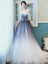 A Line Spaghetti Straps Tulle Blue Prom Dress LBQ1099